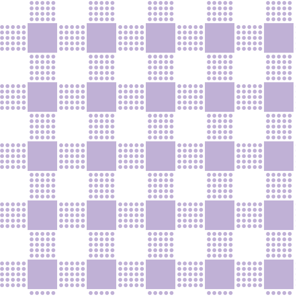 A geometric pattern featuring a grid of lavender squares on a white background. Each square is surrounded by small lavender dots, creating a checkered effect. The repeating design forms a uniform and orderly pattern.
