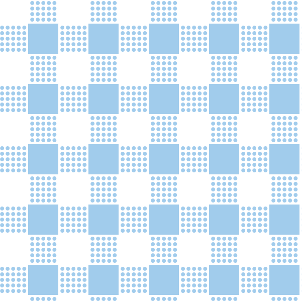 A seamless pattern featuring a blue and white checkerboard design. Each blue square is surrounded by a border of small blue dots, creating a visually textured and symmetrical appearance.