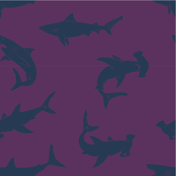 Pattern of dark blue sharks on a purple background. The sharks are swimming in various directions, spaced evenly across the image, creating a repeating design.