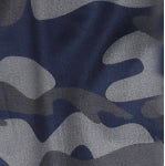 A close-up of fabric featuring a camouflage pattern in shades of blue and gray. The pattern consists of irregular shapes blending into each other, creating a wavy design typical of camouflage prints.